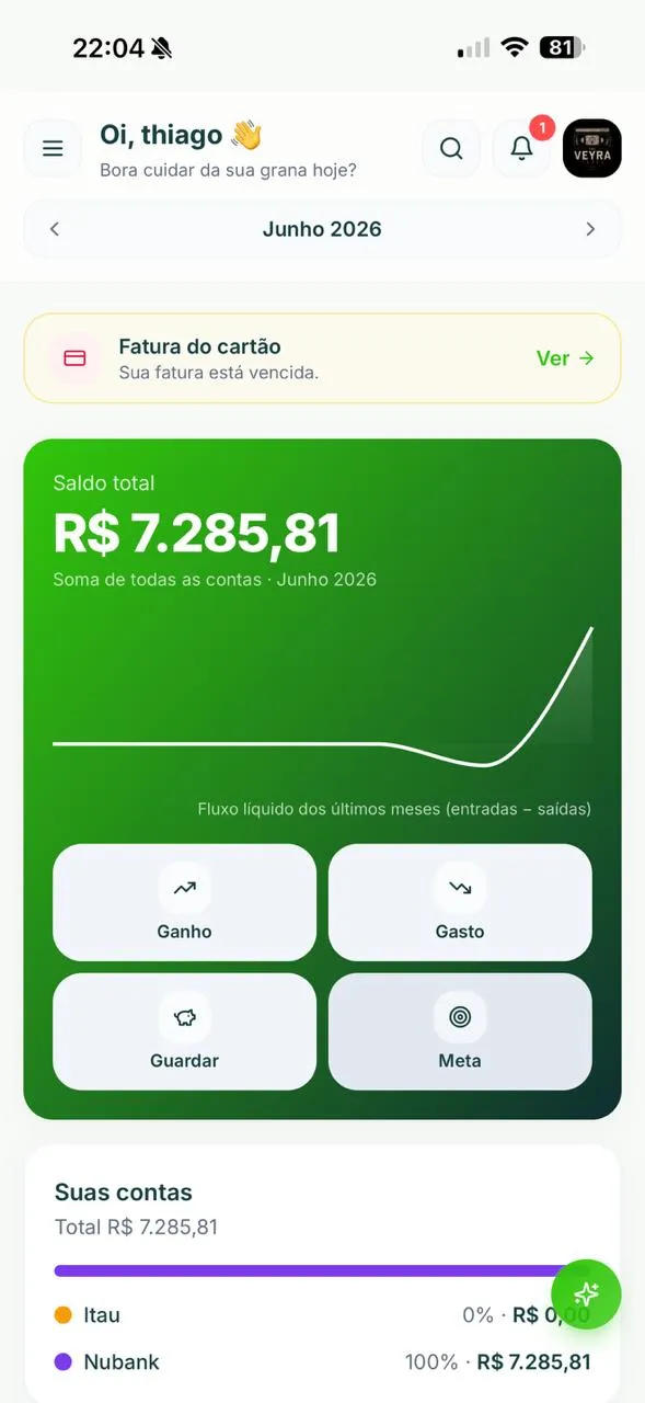 Dashboard do MeiaConta no celular